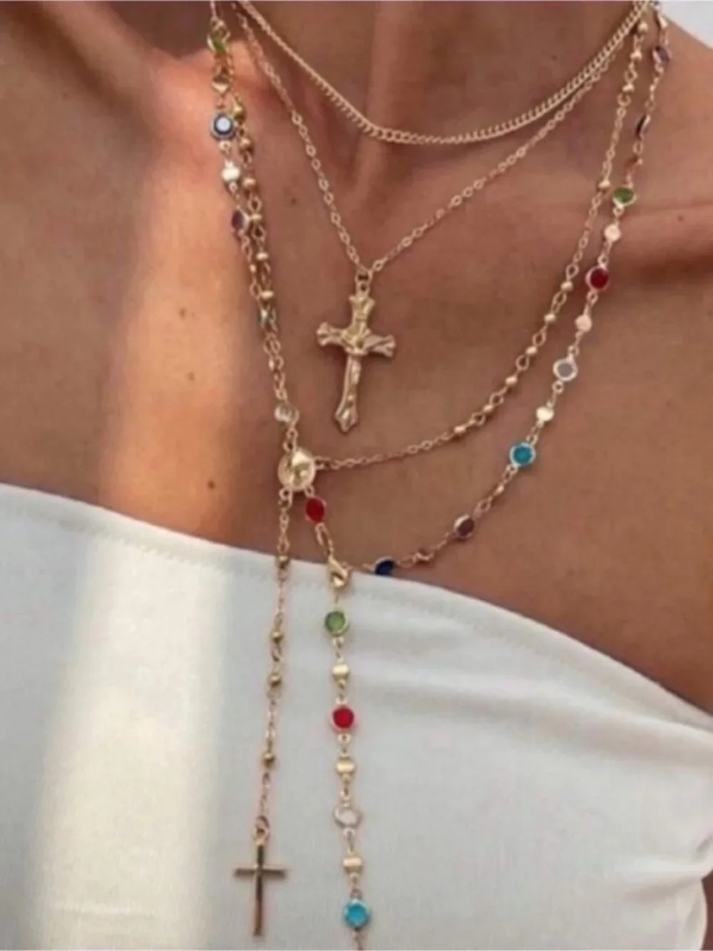New! Gold Multicolor Cross Rosary Necklace Stack (3040) NWOT